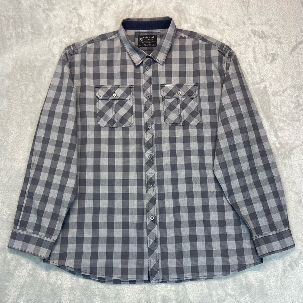 Marc Ecko Men Size 2XL  Gray Plaid Chequers Cotton Long Sleeve Casual Shirt